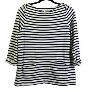 BODEN Top Blouse Heavy Cotton Striped Boatneck 3/4 Sleeve Cuff Front Slit Pocket